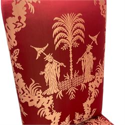 Georgian design mahogany framed high-back side chair, upholstered in red fabric decorated with Japanese figures in a garden landscape and pagodas, on shell carved cabriole front supports
Provenance: From the Estate of the late Dowager Lady St Oswald