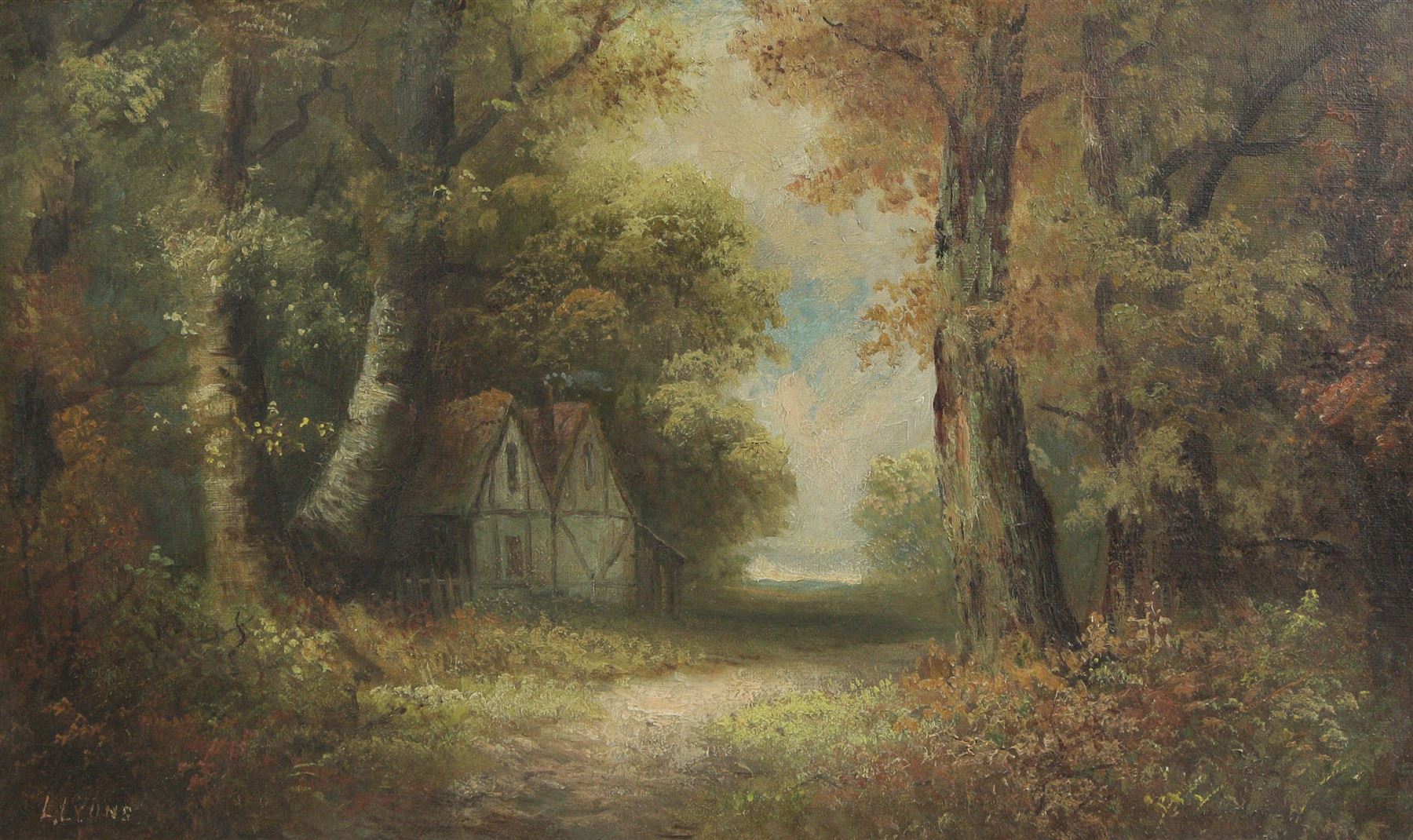 L Lyons (British 19th Century): Shaded Cottage, oil on canvas signed 30cm x 49cm 