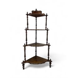 Victorian inlaid walnut four tier corner whatnot, raised back over four graduating tiers o...