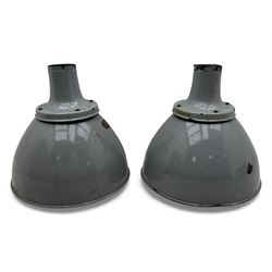 Pair of mid-20th century industrial 'Benjamin' type enamel light shades, each with grey do...