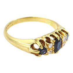 Early 20th century 18ct gold three stone sapphire and four stone old cut diamond ring