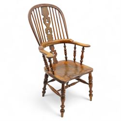 19th century elm Yorkshire Windsor chair, double hoop and stick back over turned spindles,...