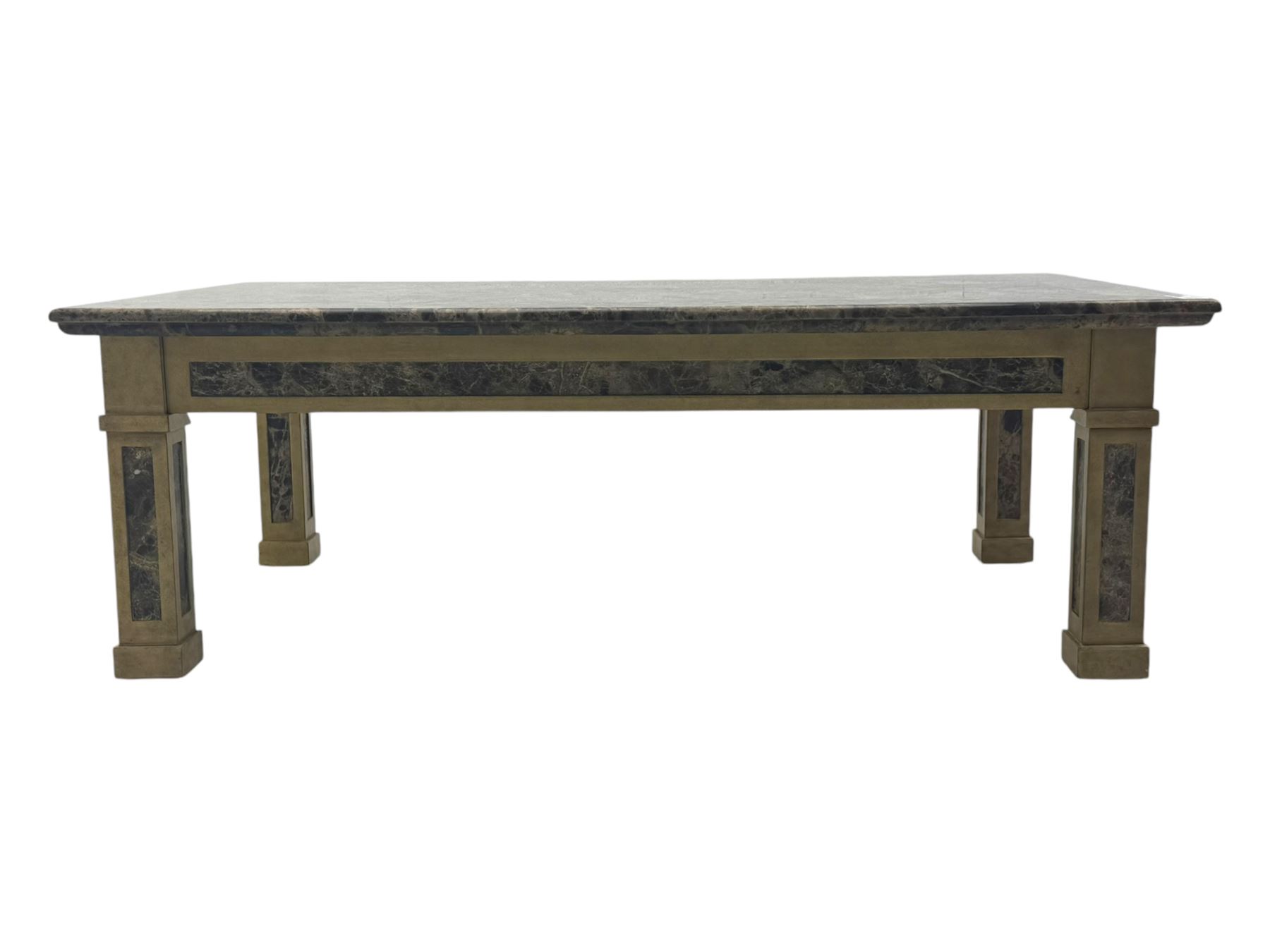 Rectangular coffee table, variegated marble top, on square supports with block feet 