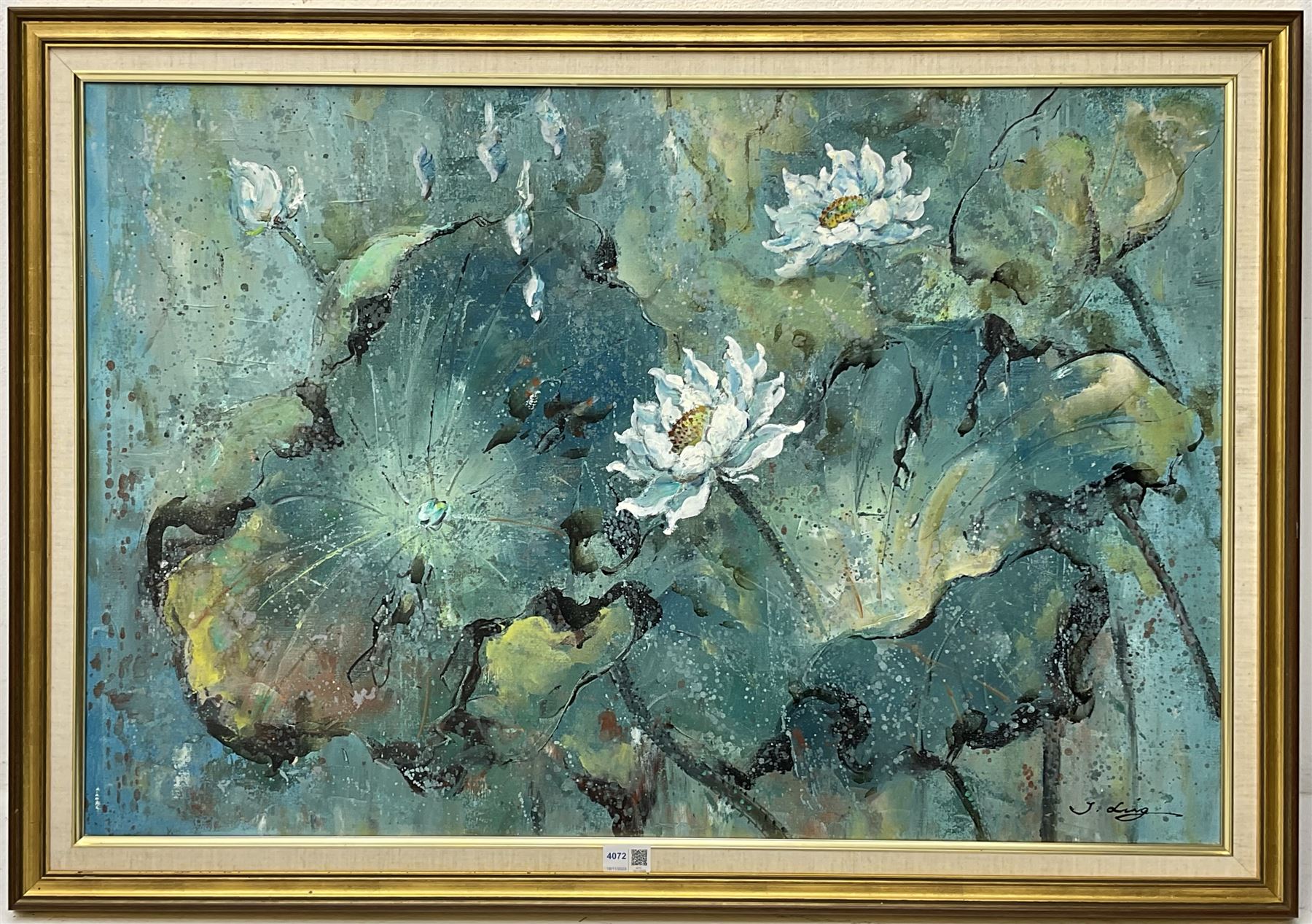 English School (20th century): Abstract Floral Composition in Aqua, oil on canvas indistinctly signed 60cm x 90cm