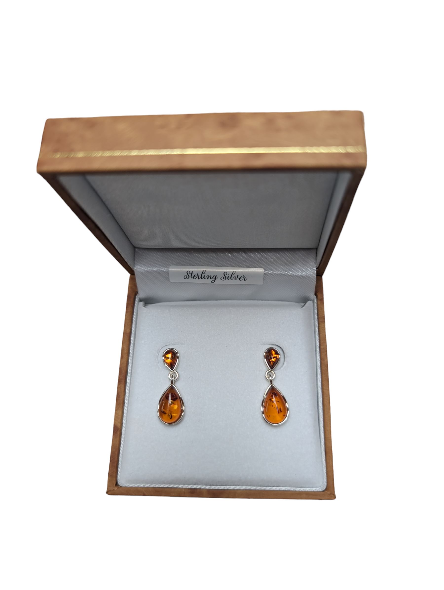 Pair of silver Baltic amber pendant earrings, stamped 925, boxed 