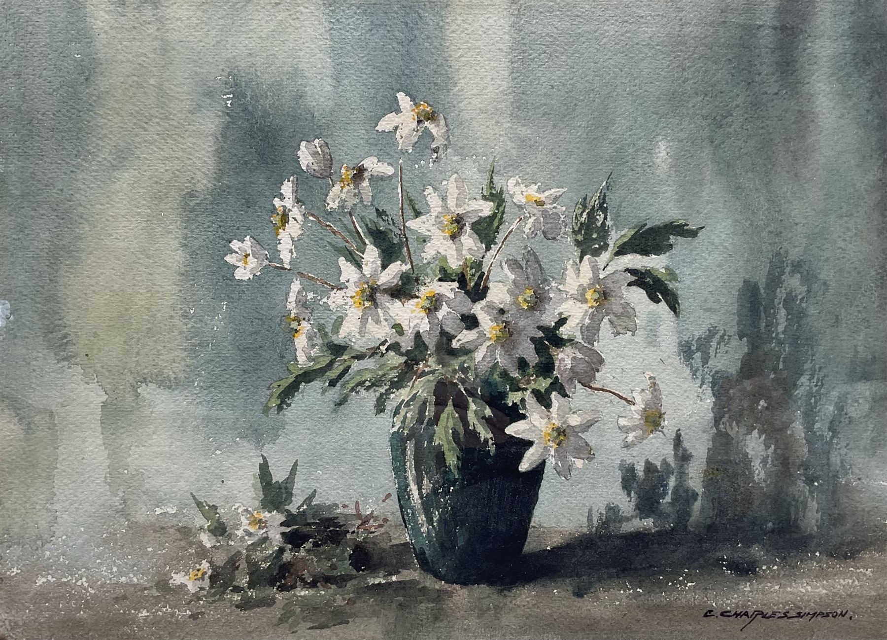 Ernest Charles Simpson (British 1915-2007): 'Wood Anemone' - Still Life, watercolour signed, titled verso with artist's studio label 27cm x 37cm