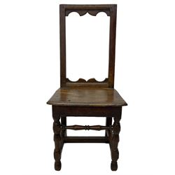 Small late 17th century oak side chair, open frame back with shaped upper and lower brackets, moulded plank seat, on turned supports united by moulded H-shaped stretchers