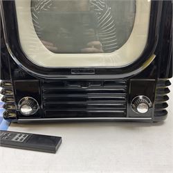 Radiocraft Retrovisor Metropolis television, the 1950s retro style Jazz Black case with chrome trim and V shaped antenna housing 9 inch colour screen, with remote control, receipt, manual and leaflets, serial no 9032