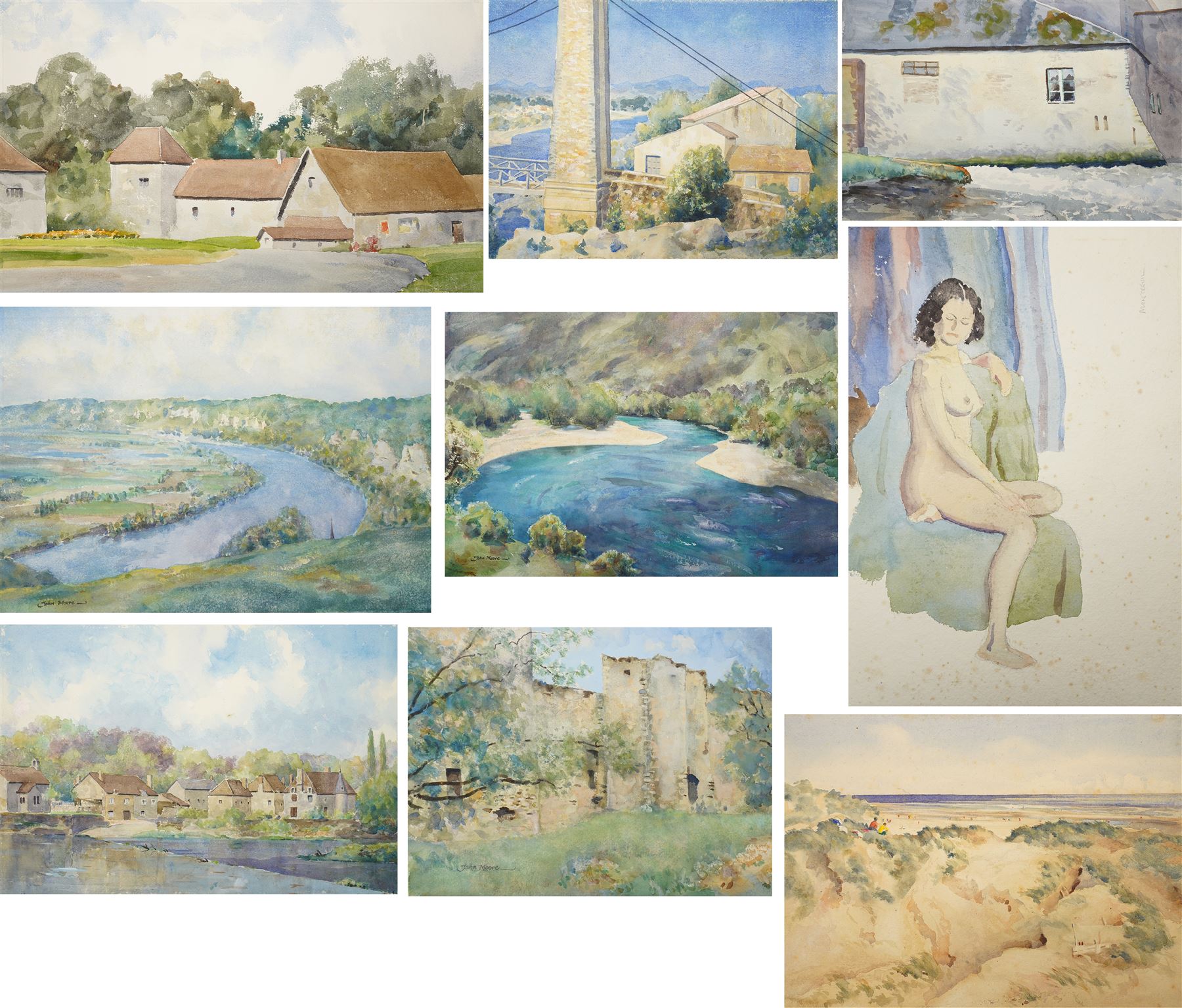 Rear Admiral Humfrey John Bradley Moore RI (British 1898-1985): 'Ardèche' 'Montreuil' 'Seine from Château Gaillard' 'Brimeux near Montreuil' etc, set of seven watercolours variously signed and dated, most titled verso max 36cm x 57cm (7) (unframed) 
Notes: Moore was a friend of Russell Flint's and sitter for one of the rare portraits painted by him - both were members of the Arts Club, and both had served in the Royal Navy during WWI