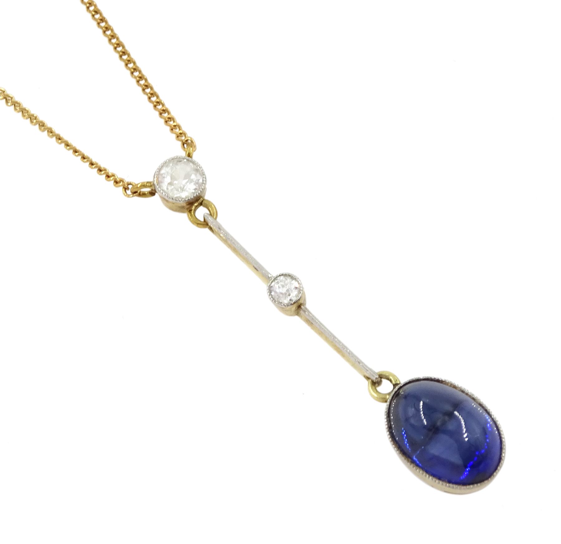 Early 20th century 14ct gold and platinum milgrain synthetic cabochon sapphire and old cut diamond pendant, on later 9ct gold trace link chain necklace