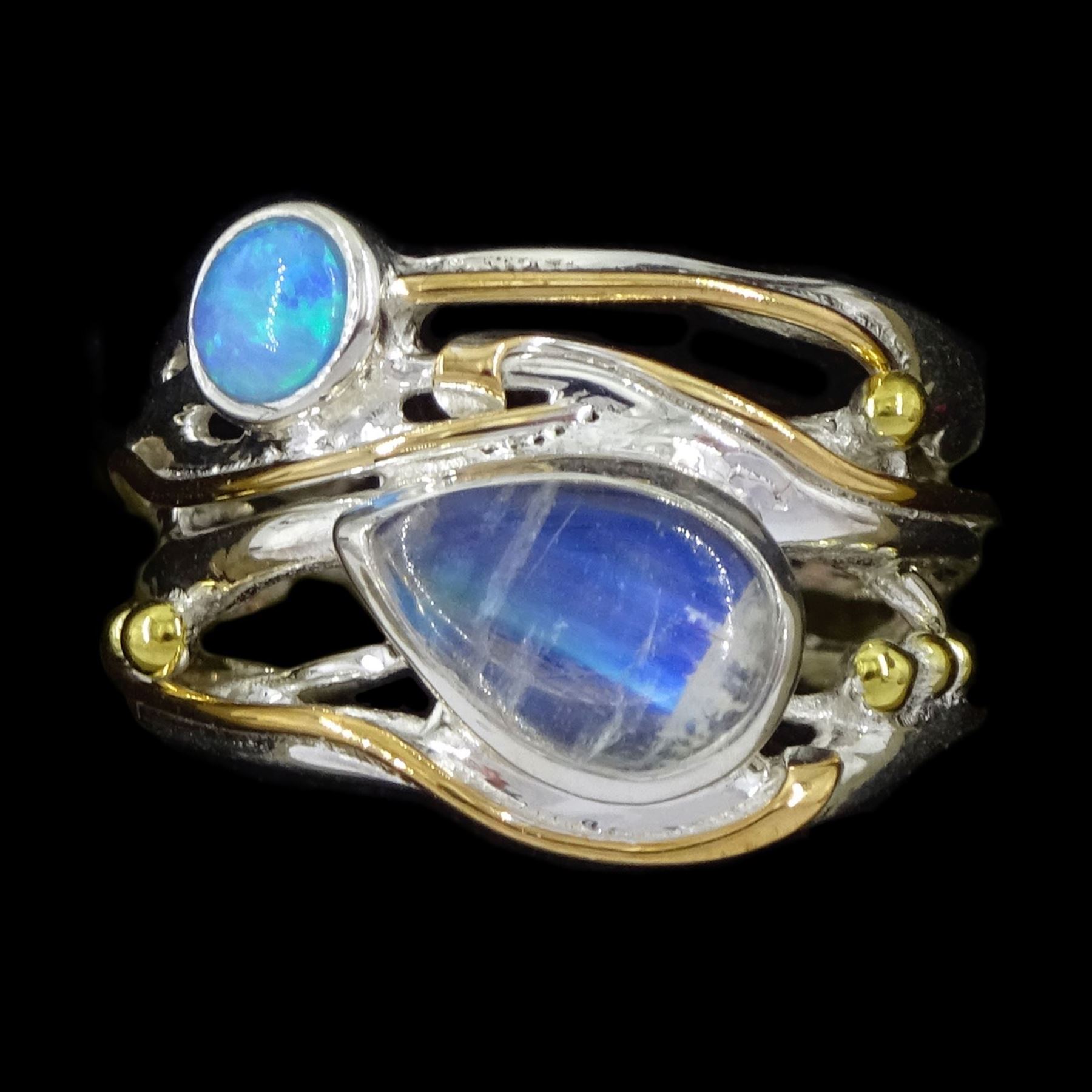 Silver and 14ct gold wire moonstone and opal ring, stamped 925