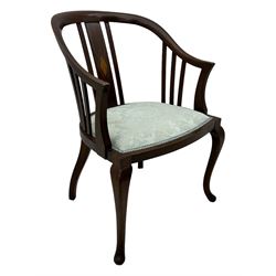 Edwardian inlaid mahogany tub-shaped armchair, curved backrest with inlaid central splat with diamond motif, over padded upholstered seat in pale blue damask fabric, on cabriole supports