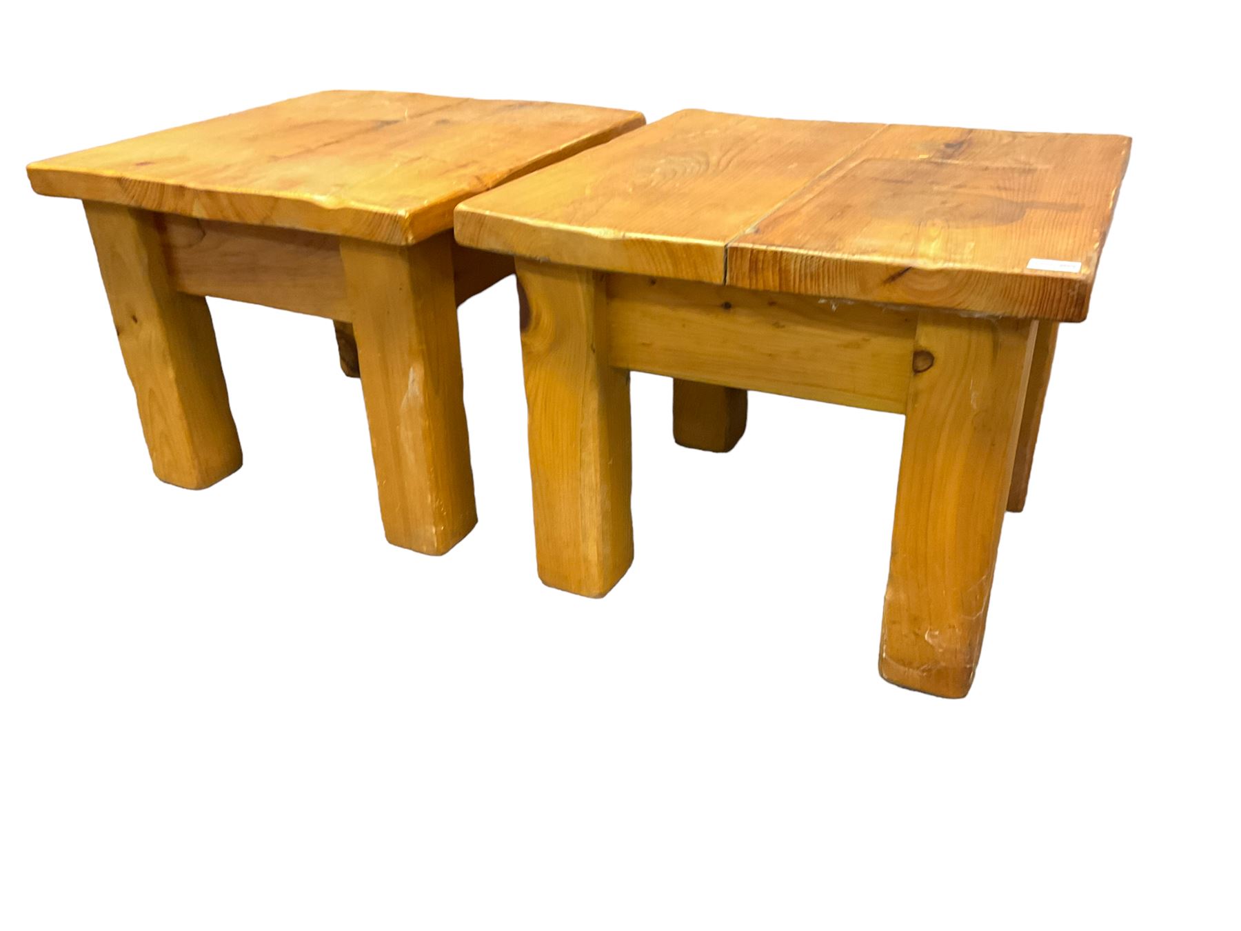 Two pine square coffee tables on block supports