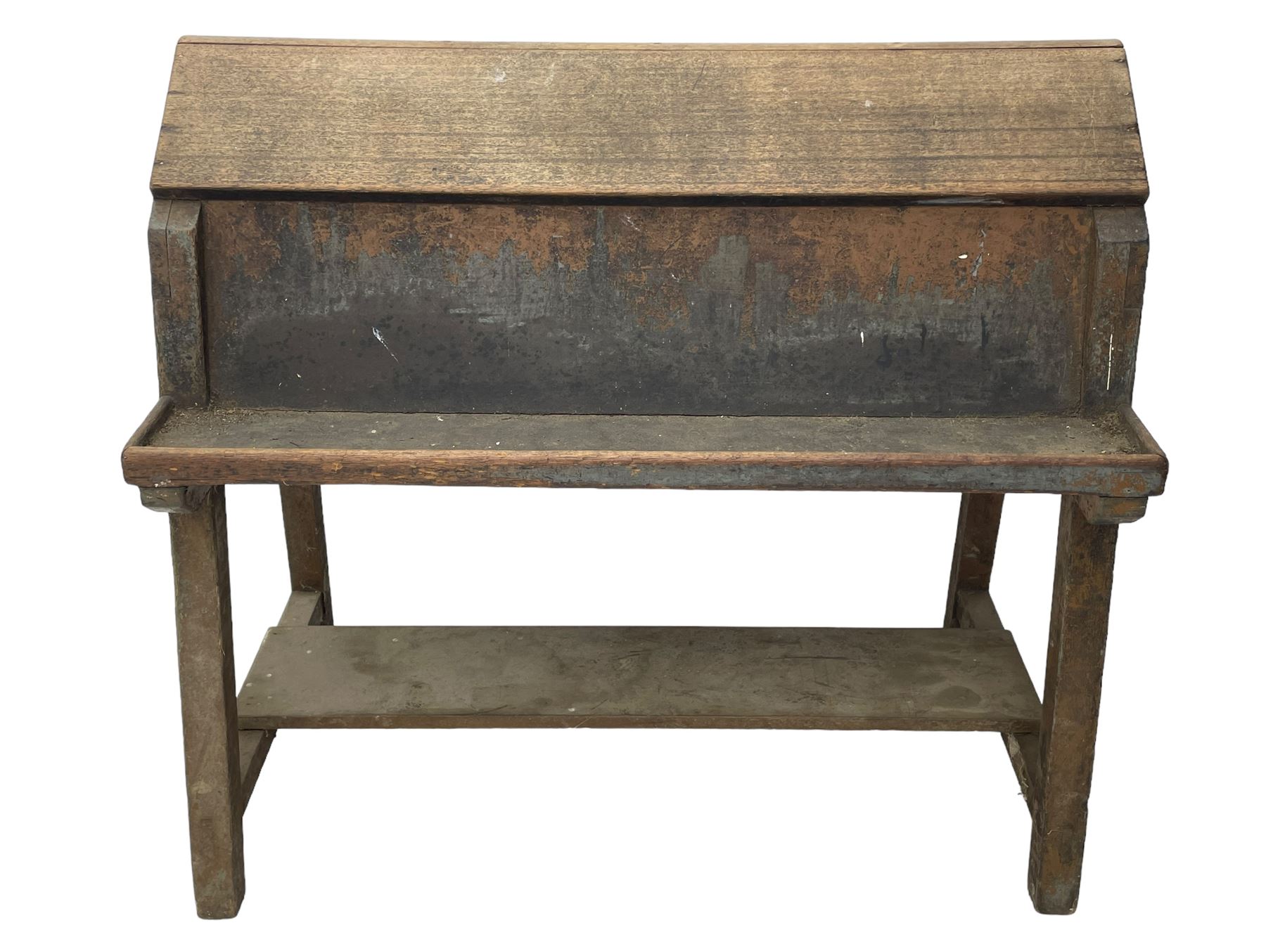 19th century teak saddle horse, A-frame on trestle base, fitted with shelves at either side and end drawers, on square supports united by undertier 