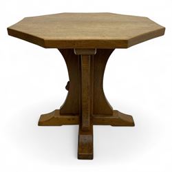 Mouseman - occasional table, adzed octagonal top, cruciform base on sledge feet, carved with mouse signature, by the workshop of Robert Thompson, Kilburn 