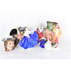 Five Royal Doulton figures, including Ruth, Autumn Breeze, Elaine, together with two Royal Doulton character jugs and Beswick character jug 