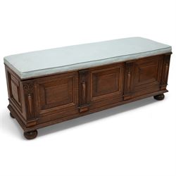 Early 20th century oak window box-seat, rectangular hinged top upholstered in blue fabric,...