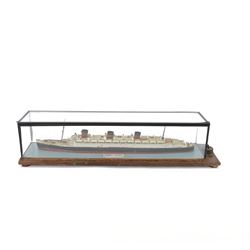 Scratch built model of RMS Queen Mary, in glazed wooden case, H17cm, L74cm