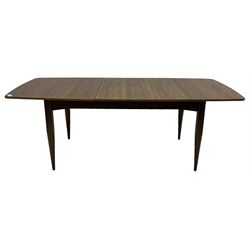 Mid-20th century figured walnut extending dining table, pull-out action with fold-out leaf, on tapering supports 