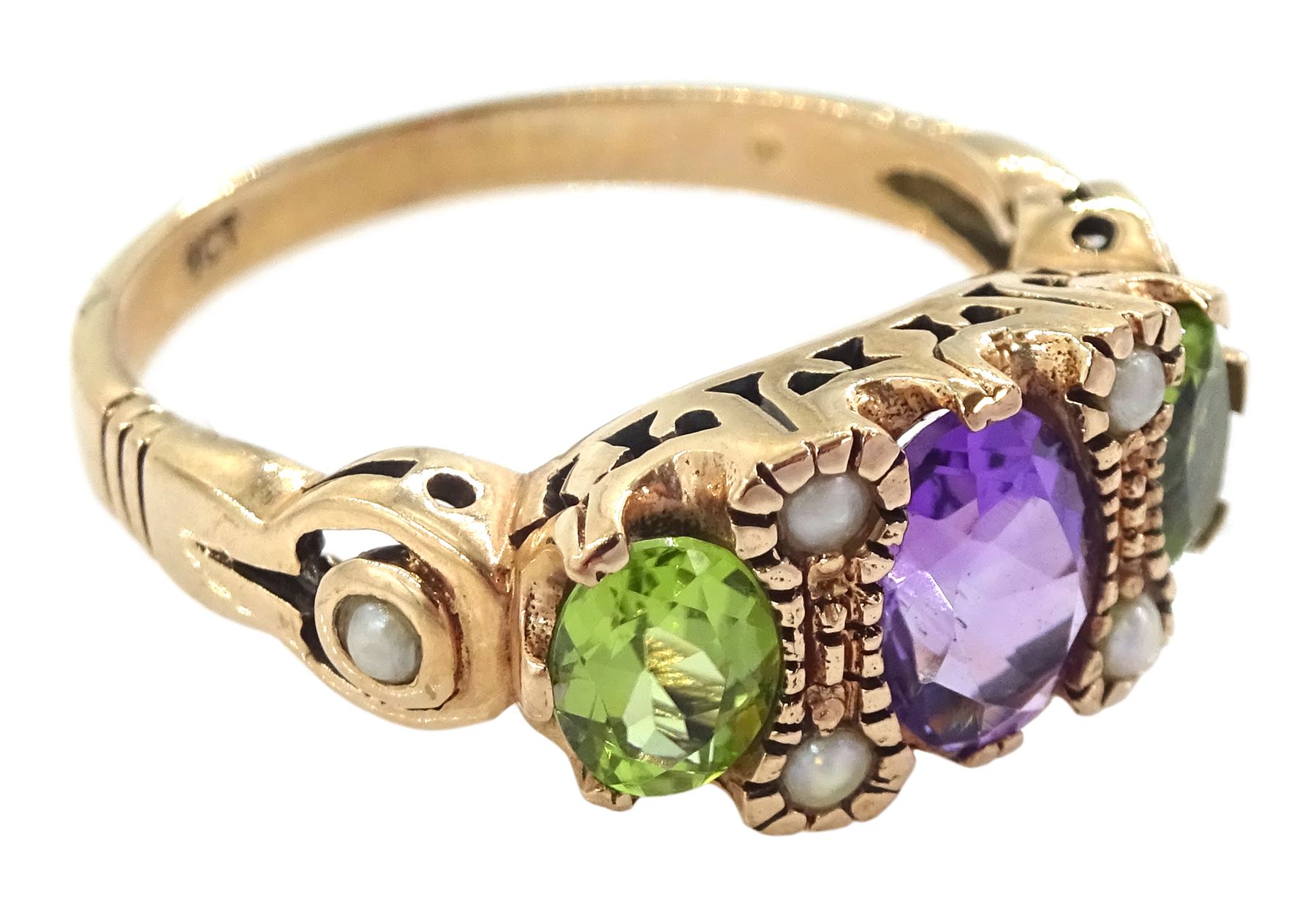 9ct rose gold three stone oval cut peridot and amethyst ring, with pearl accents set between and pearl set shoulders, London 2011