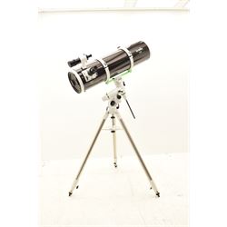 Sky Watcher 200P Newtonian 10” reflector telescope, NEQ3 tripod with counter weights, equatorial mount and finder scope, with a basic 1.25” smartphone adapter and accessories including a Super 10 long eye relief , Celestron 10mm lens, 2 x 1. Barlow lens and super 25 wide angle long eye relief lens. With assembly instruction manual and astronomical telescope user guide.