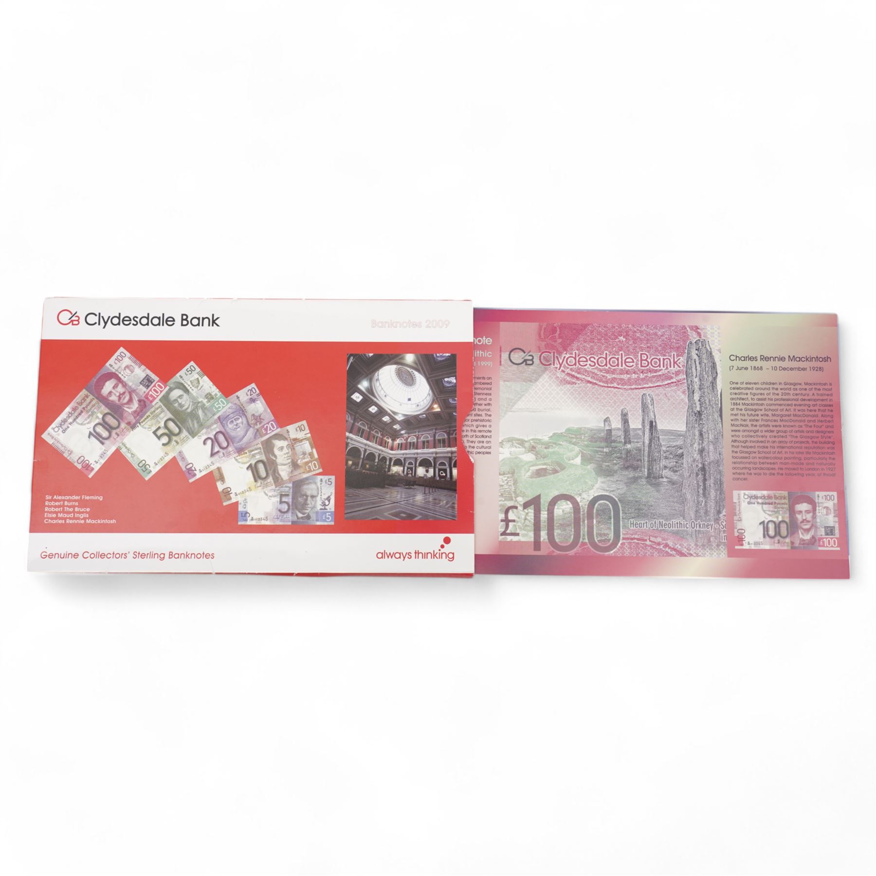 Clydesdale Bank set of five 'Genuine Collectors Sterling Banknotes' comprising one-hundred pounds 'W/HS', fifty pounds 'W/HS', twenty pounds 'W/JR', ten pounds 'W/JF' and five pounds 'W/HS', housed in a card folder