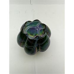 Three Austrian Art Nouveau Kralik iridescent glass vases, to include two of squat baluster form and a taller example, all green with threaded vein decoration to body, tallest H13.5cm