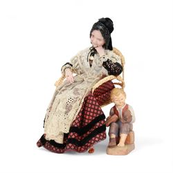 Anna Meszaros (Hungarian 1905-1998): 'My Great Granny', handmade needlework figurine, together with small plaster cast of a young boy by the same artist, granny H30cm
Auctioneer's Note: Anna Meszaros came to England from her native Hungary in 1959 to marry an English businessman she met while demonstrating her art at the 1958 Brussels Exhibition. Shortly before she left for England she was awarded the title of Folk Artist Master by the Hungarian Government. Anna was a gifted painter of mainly portraits and sculptress before starting to make her figurines which are completely hand made and unique, each with a character and expression of its own. The hands, feet and face are sculptured by layering the material and pulling the features into place with needle and thread. She died in Hull in 1998