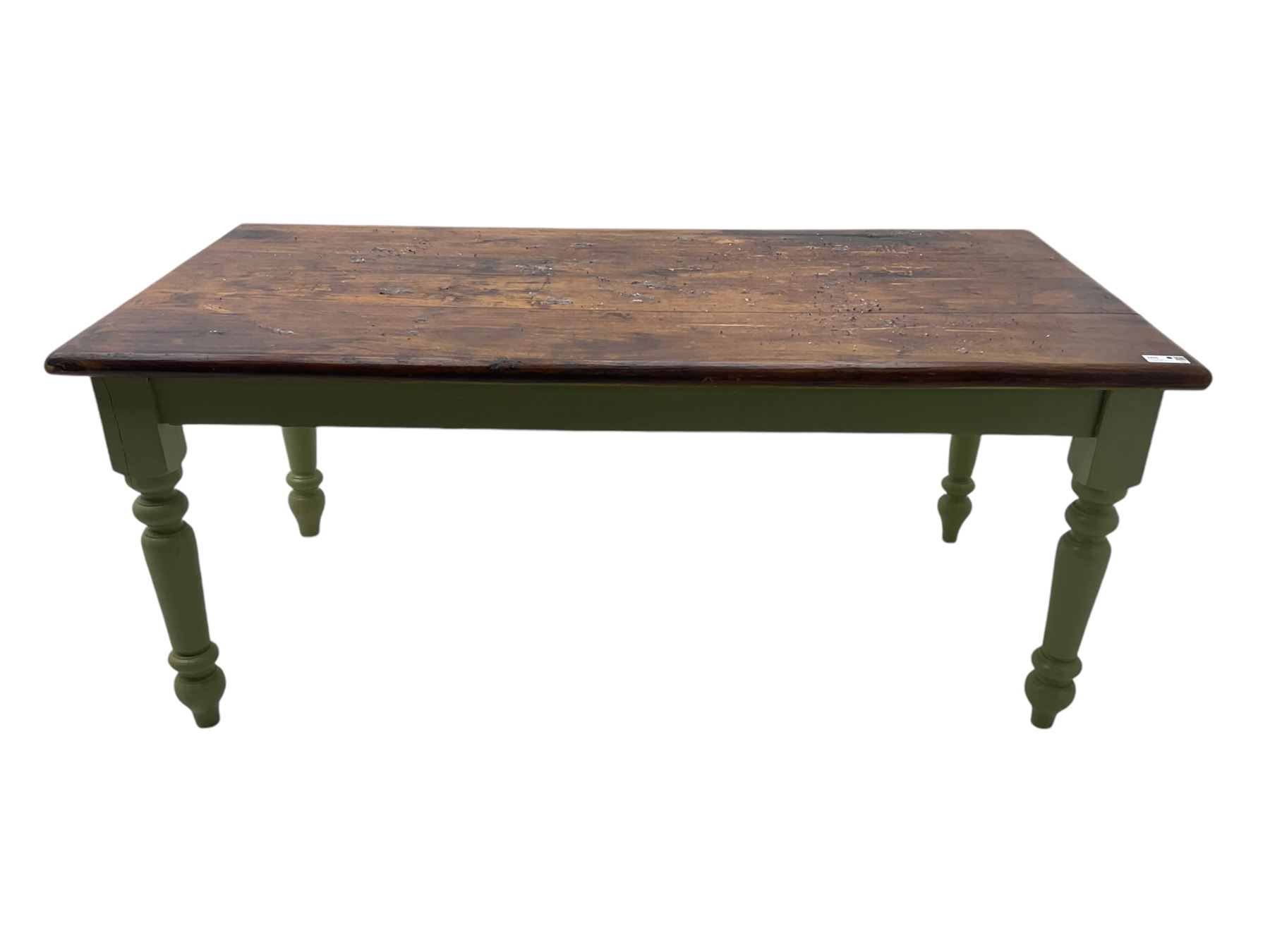 Hardwood dining table, rectangular top on laurel green painted base, fitted with turned supports 