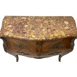 Late 20th century Louis XV design Kingwood and rosewood bombe commode chest, shaped ovolo-moulded variegated marble top, fitted with two drawers, scrolling foliate cast gilt metal handles and mounts