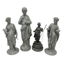 Four spelter figures of women in neoclassical dress, largest H47cm