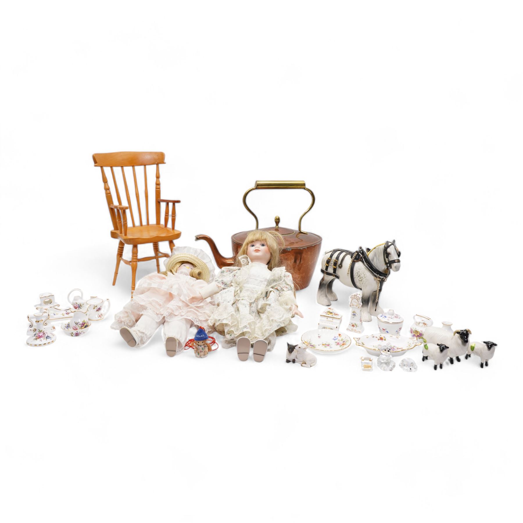 Beswick harnessed grey shire horse No.818, three Beswick black faced sheep, quantity of Hammersley miniature items, large oval copper and brass kettle, two modern bisque head dolls and a dolls chair