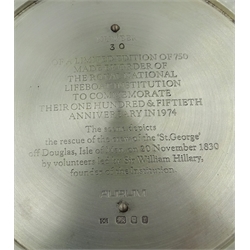  AURUM - The Royal National Lifeboat Institution commemorative bowl by Ian Ribbons for Aurum, London 1974, limited edition 30/750, of plain silver with swept textured finish to edges, the central gilt relief depicting the rescue of the crew of the `St George` off Douglas, Isle of Man on 20th November 1830, 9.9oz, diameter 20cm  with original fitted box and paperwork  