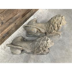 Pair of large cast stone Langport recumbent garden lions, rectangular plinth base