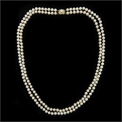 Double strand cultured white / pink pearl necklace, with 14ct gold diamond and pearl clasp...