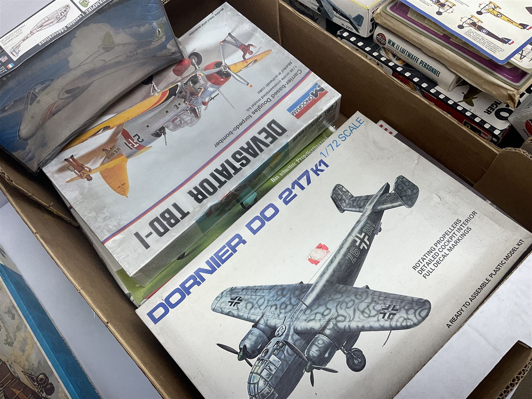 Large quantity of aircraft scale model kits to include Airfix, Revell, Monogram etc, in three boxes 