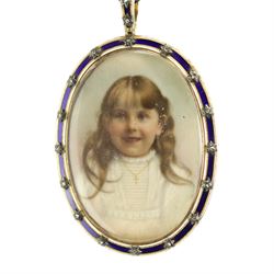 Early 20th century portrait miniature of a head and shoulder of a girl on ivory, mounted in 9ct gold locket pendant, with white and blue enamel border, with applied diamond chip star decoration. This item has been registered for sale under Section 10 of the APHA Ivory Act