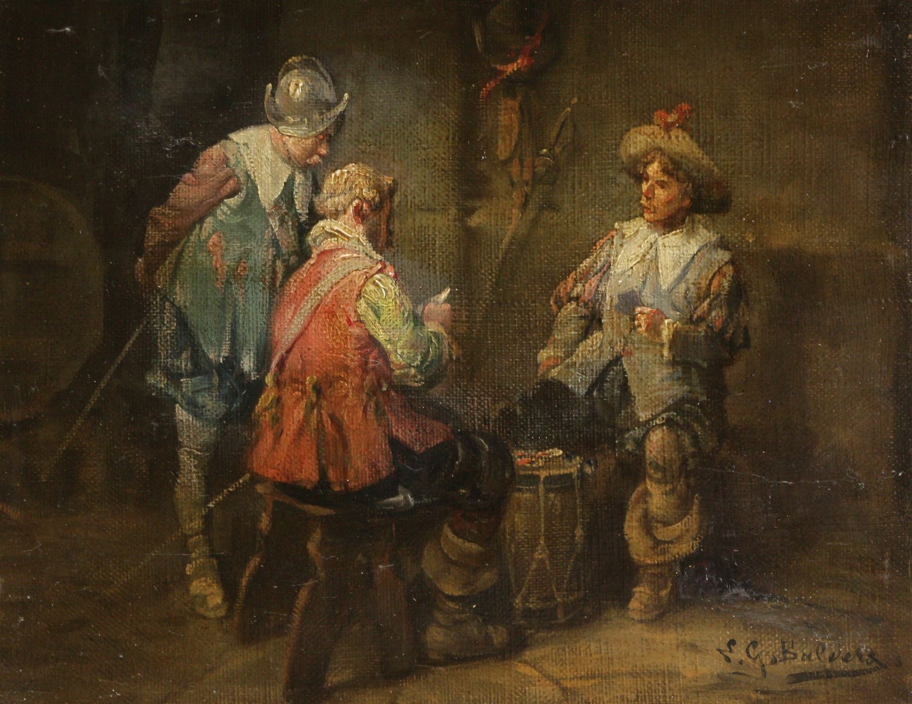 Luigi G Baldero (Italian 19th Century): Soldiers Playing Cards, oil on canvas signed 21cm x 26cm