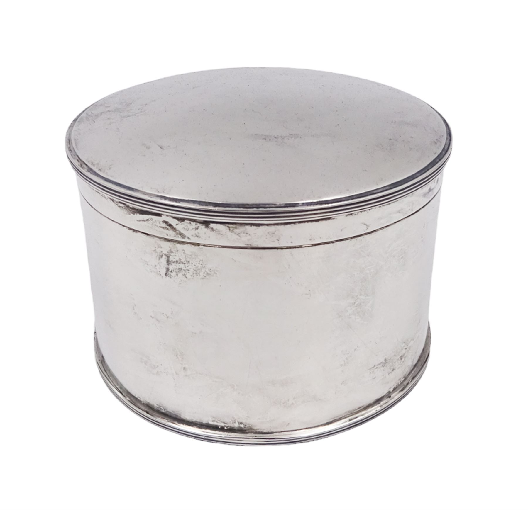 1920s silver box, of plain circular form with hinged lid, hallmarked Theodore Rossi, London 1929, H6.5cm, D9.7m