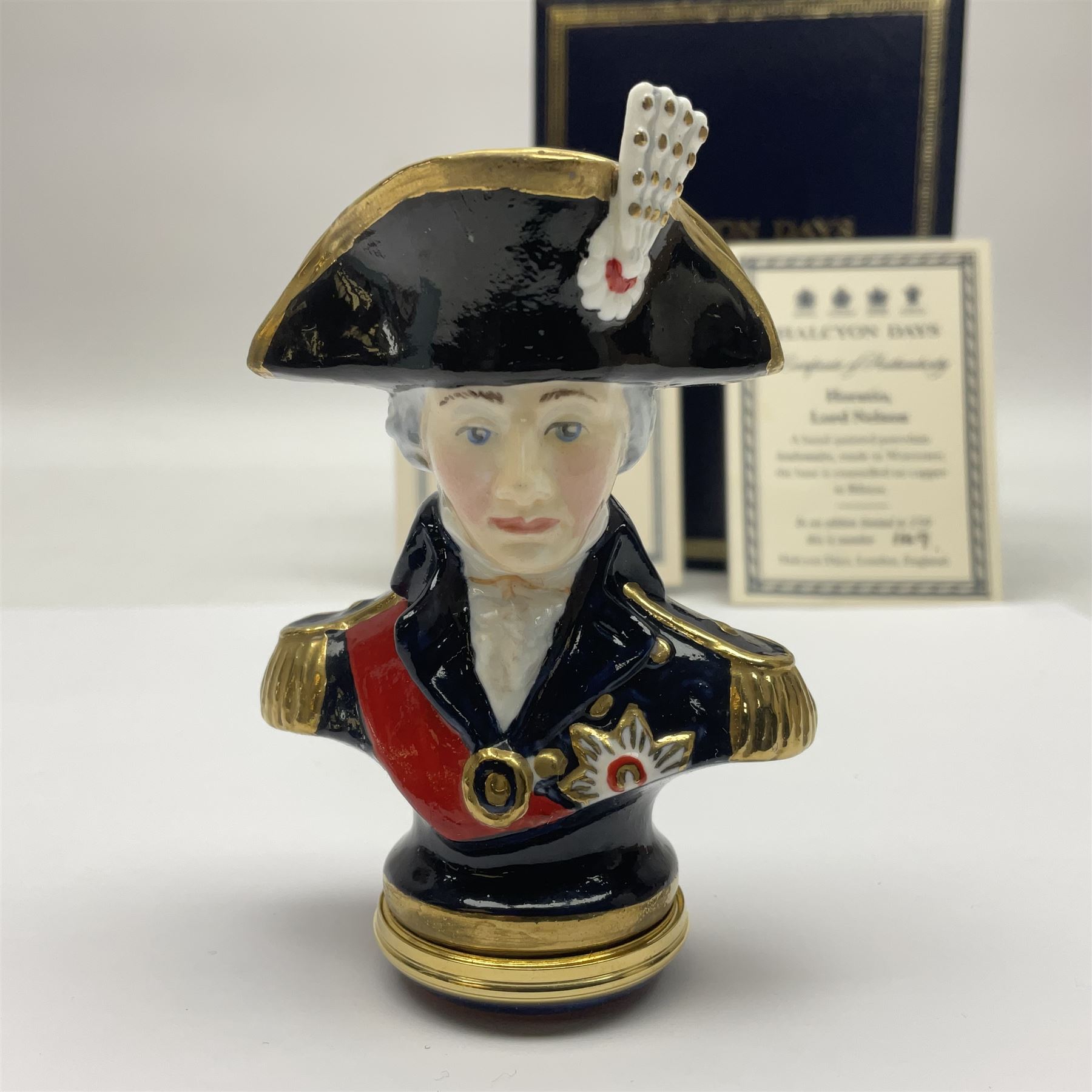 Halcyon Days bonbonniere, modelled as 'Vice-Admiral Lord Nelson', to mark the bicentenary of the British victory at the Battle of Trafalgar, together with another Halcyon Days enamel box depicting Lord Nelson, both boxed 