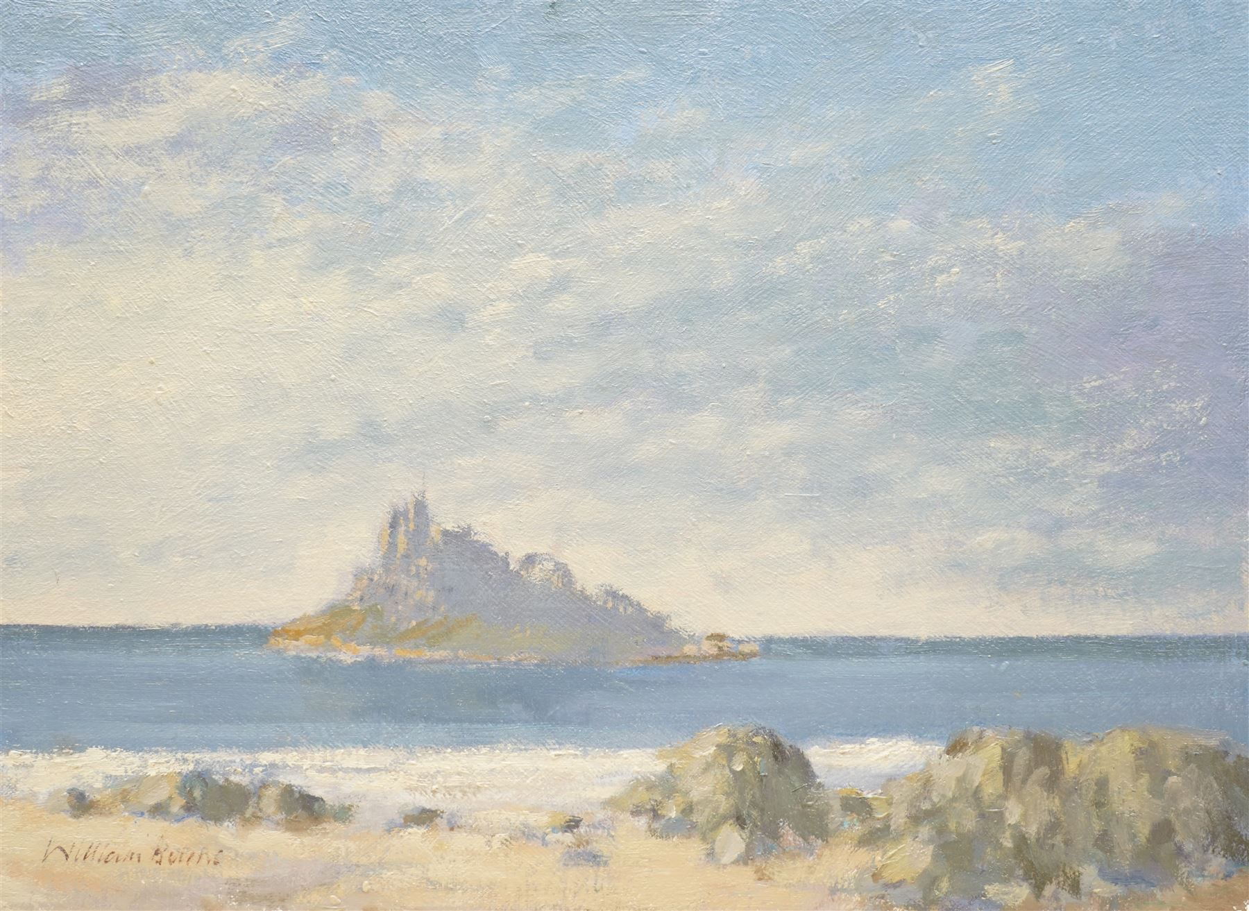 William Burns (Northern British 1923-2010): 'St Michaels Mount - Cornwall', oil on board signed, titled verso 30cm x 41cm (unframed) Provenance: Direct from the family of the artist. 
Notes: Born in Sheffield in 1923, William Burns RIBA FSAI FRSA studied at the Sheffield College of Art before the outbreak of the Second World War, during which he helped illustrate the official War Diaries for the North Africa Campaign, and was elected a member of the Armed Forces Art Society. On his return, he studied architecture at Sheffield University and later ran his own successful practice, being a member of the Royal Institute of British Architects. However, painting had always been his self-confessed 'first love', and in the 1970s he gave up architecture to become a full-time artist, having his first one-man exhibition in 1979.