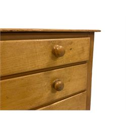 Victorian pine and satinwood chest, fitted with three graduating drawers, on skirted base with castors