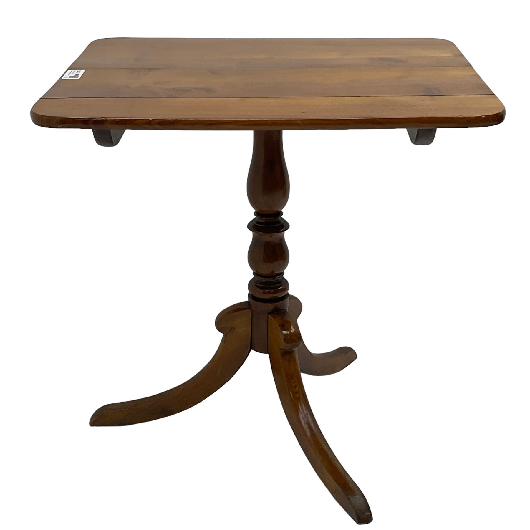 19th century elm tripod table, rectangular tilt-top on turned pedestal with three splayed supports 