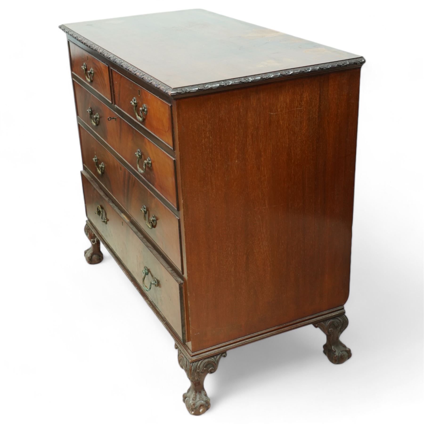 Georgian design mahogany chest, rectangular top with floral and ribbon-twist moulded edge, fitted with two short over three long graduating cock-beaded drawers, on acanthus carved cabriole supports with ball and claw feet