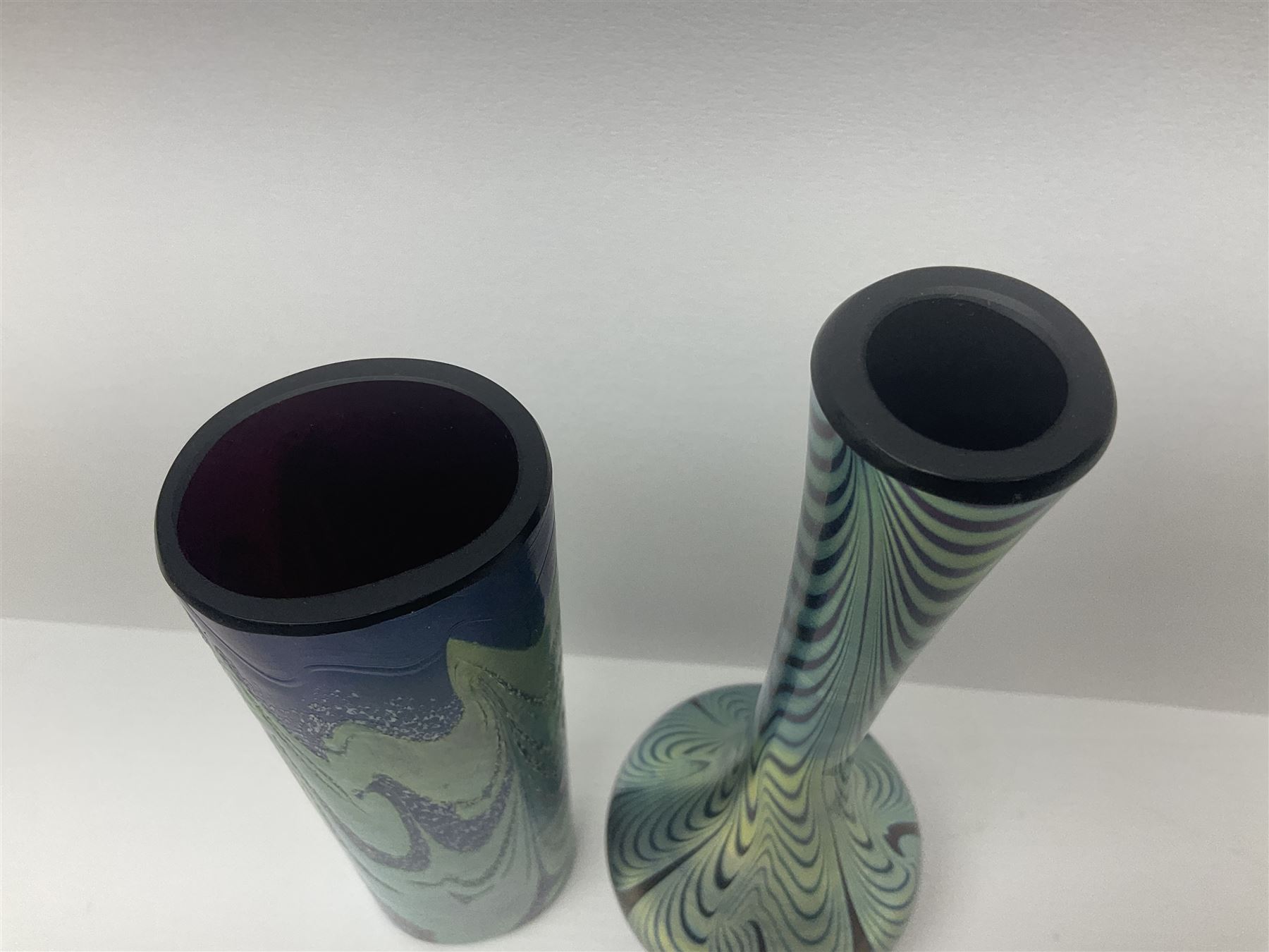 Okra oval vase in Merlins Web pattern, together with another Okra vase, oval vase with original box H16cm