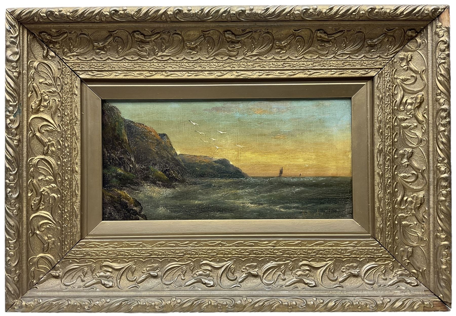 H Melville (British 19th Century): Seascapes at Sunset, pair oils on canvas signed 19cm x 39cm (2)