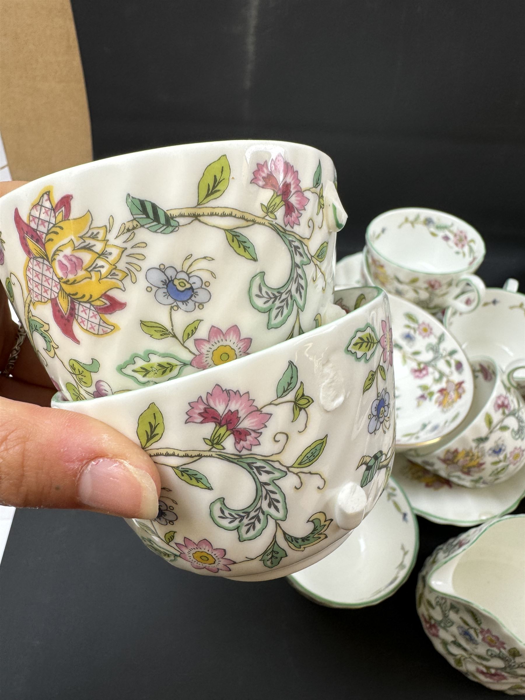 Minton Haddon Hall pattern part tea service, including milk jug, open sucrier, teacups and saucers, dessert plates etc