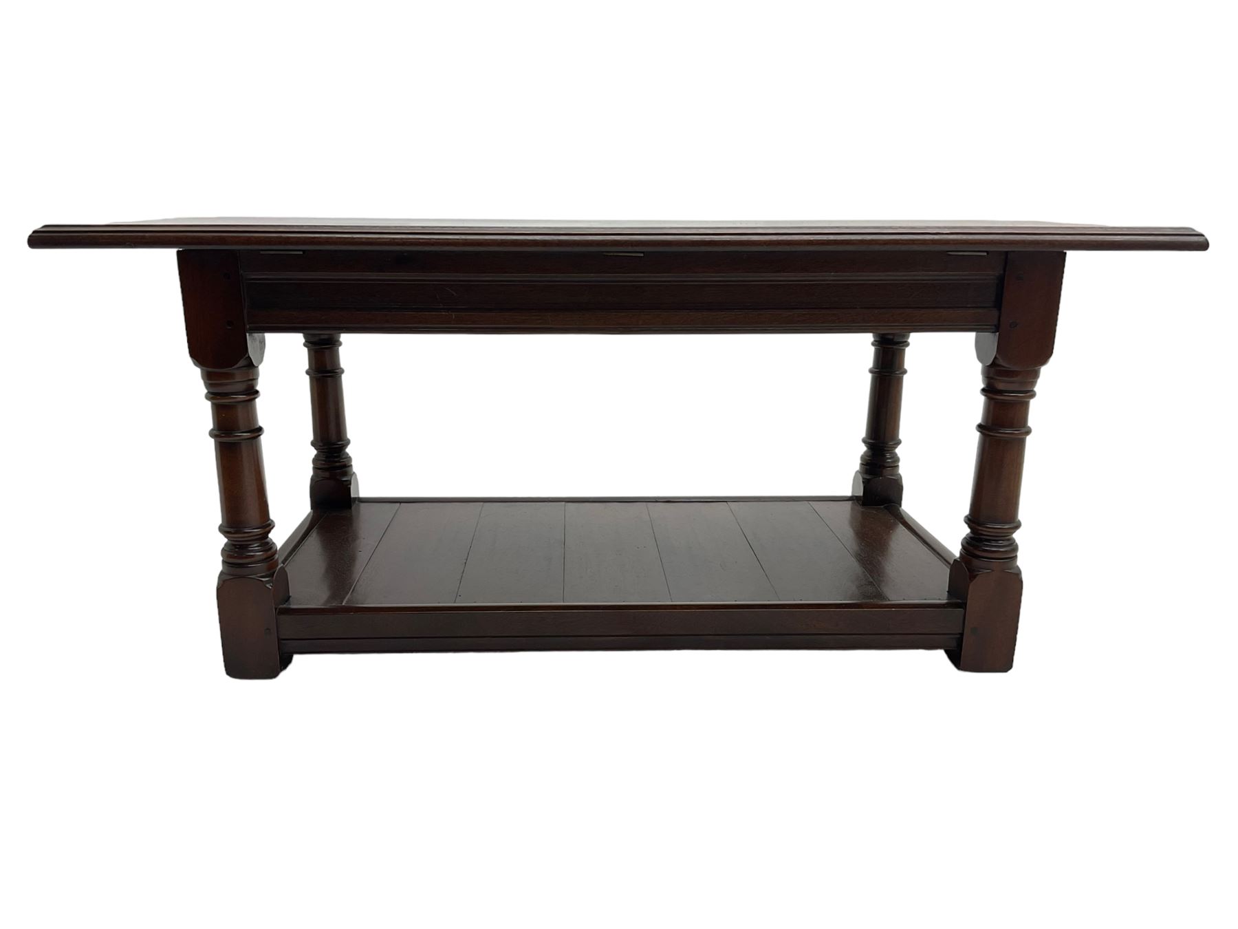 Rectangular mahogany coffee table, moulded rectangular top, turned supports united by undertier 