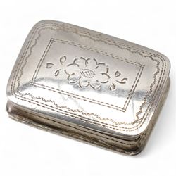 Victorian rectangular silver vinaigrette with inscription and floral engraving, hinged pie...