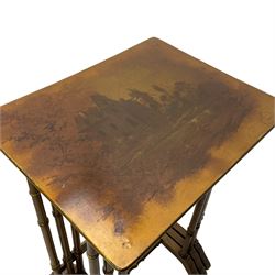 20th century mahogany quartetto nest of tables, shaped tops with hand-painted scenes, the largest table decorated with figural scene depicting a group of noblemen and women with a dog and cat within a garden, on ring turned supports